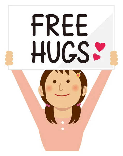 Cartoon Young Woman Holding Free Hugs Placard Flat Vector Illustration — Stock Vector