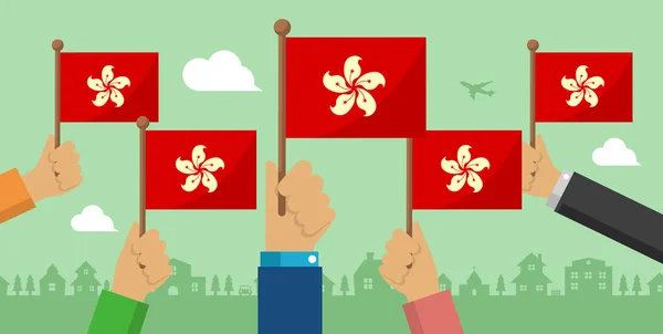 Люди Які Тримають Національний Прапор Руках Векторні Прапори Ілюстрація Hong — стоковий вектор