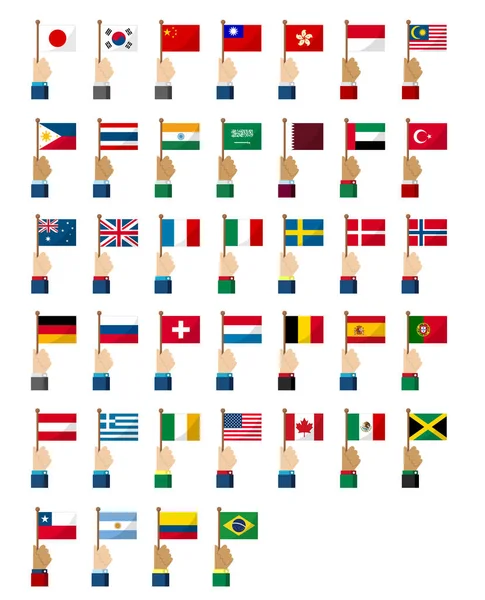 Segurando Bandeira Nacional Mão Conjunto Ilustrações Vetoriais Planas —  Vetores de Stock