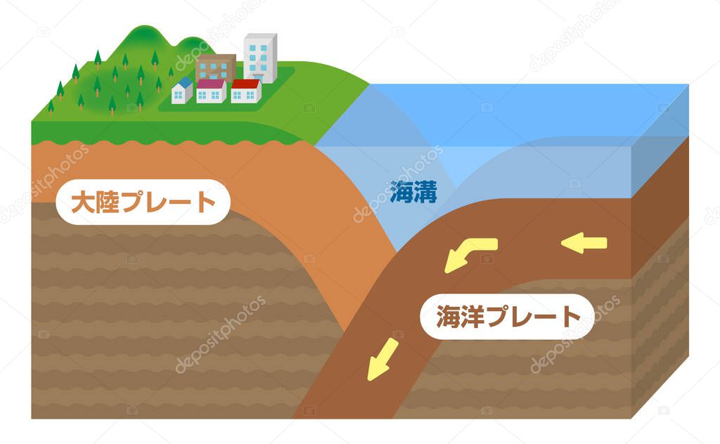 Continental crust and Oceanic crust. Sectional view vector illustration.