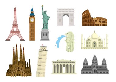 Dünyaca ünlü binalar vektör illüstrasyon seti (dünya mirası) / Özgürlük Heykeli, Eyfel Kulesi, Sagrada Familia vs..