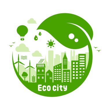 Yeşil eko şehir vektör illüstrasyonu (ekoloji konsepti, doğa koruma )