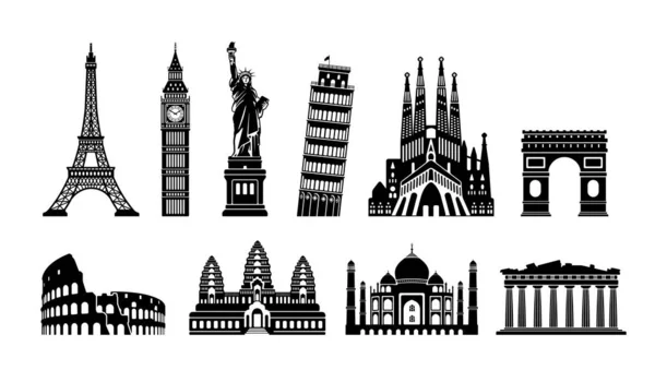 Edificios Fama Mundial Conjunto Ilustración Vectorial Monocromo Patrimonio Humanidad Estatua — Archivo Imágenes Vectoriales