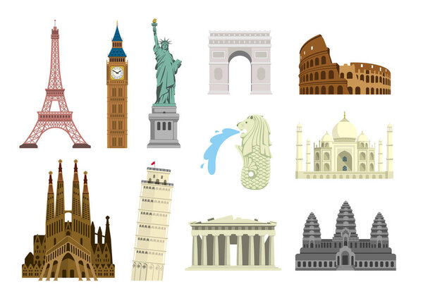 World famous buildings vector illustration set ( world heritage ) / Statue of liberty, Eiffel tower, Sagrada Familia etc.