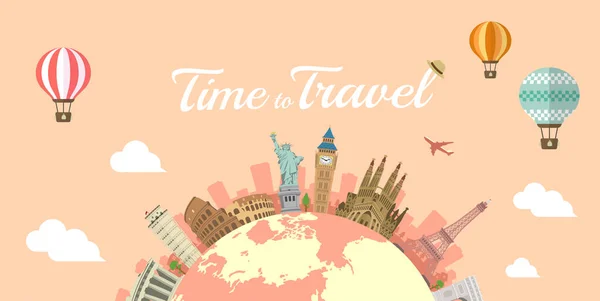 Time Travel Vacation Sightseeing Banner Vector Illustration — Stock Vector