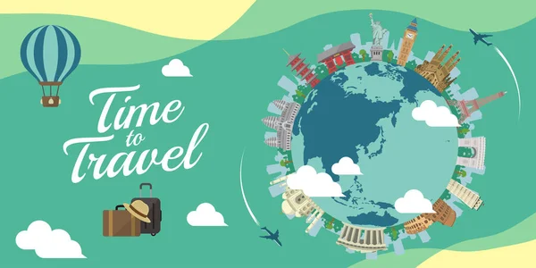 Tiempo Para Viajar Vacaciones Turismo Banner Vector Ilustración — Archivo Imágenes Vectoriales