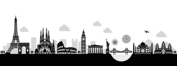 World Heritage Famous Landmark Buildings Vector Illustration Side Side — Stockový vektor