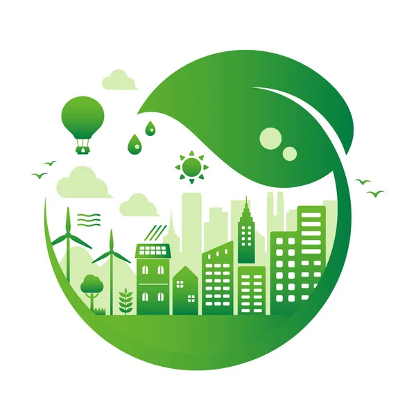 Green Eco City Vektör Illüstrasyonu Ekoloji Konsepti Doğa Koruma Metin — Stok Vektör