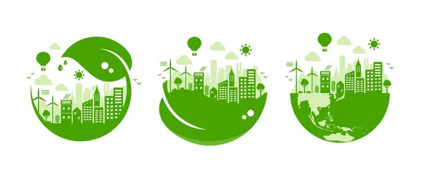 Zielony Eko Miasto Wektor Ilustracji Zestaw Koncepcja Ekologii Ochrona Przyrody — Wektor stockowy