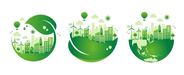 Conjunto Ilustrações Vetor Verde Eco Cidade Conceito Ecologia Conservação Natureza — Vetor de Stock