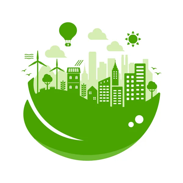 Green Eco City Vector Illustration Ecology Concept Nature Conservation Text — Stockvektor