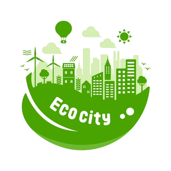 Yeşil Eko Şehir Vektör Illüstrasyonu Ekoloji Konsepti Doğa Koruma — Stok Vektör