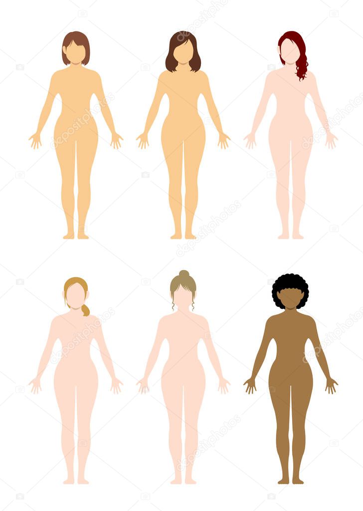 Faceless naked woman /nude body , silhouette , outline shape vector illustration set ( various races )