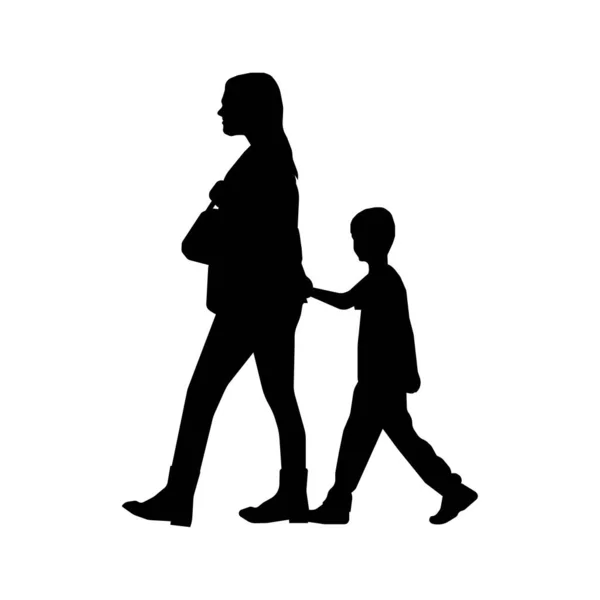 Chození Matka Dítě Sihouette Ilustrace Boční Pohled — Stockový vektor