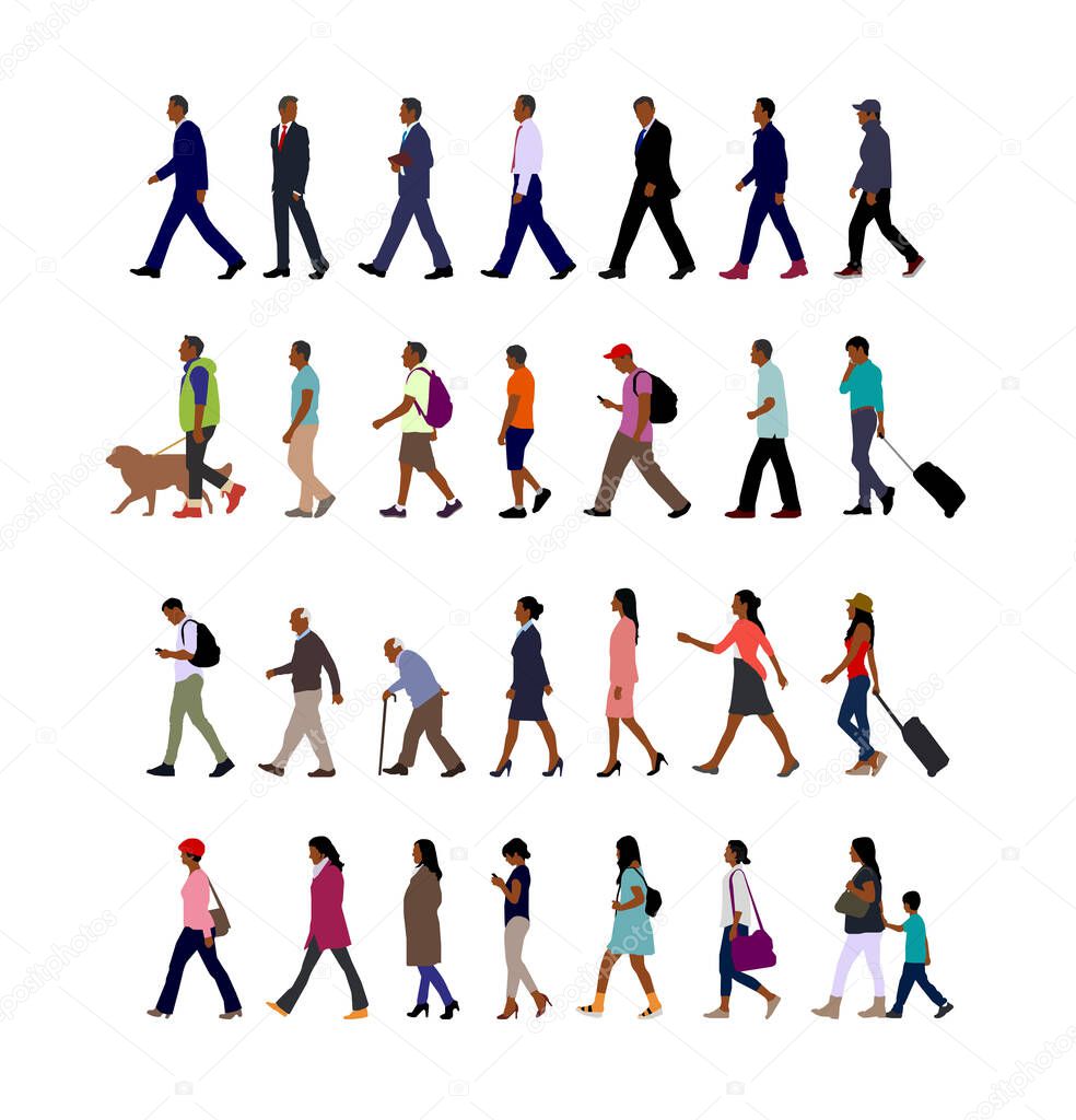 Walking person (male, female, business person) sihouette illustration collection (side view) / black people