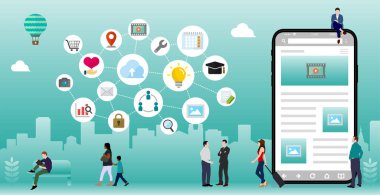 Smartphone (İnternet, çevrimiçi ağ, küresel iletişim) ve teknoloji vektör illüstrasyonu