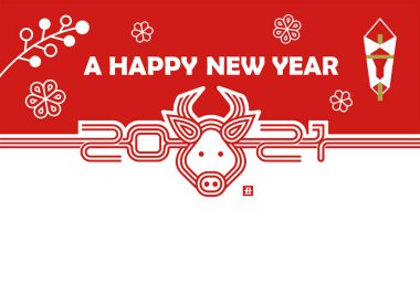 2021 Yeni Yıl tebrik kartı illüstrasyon / Japon mizuhiki tarafından yapılan Ox yüzü (çarpık kağıttan yapılan geleneksel dekoratif kordon) / selamlama metinleri yok