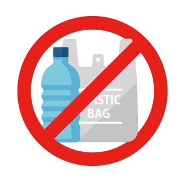 Plastik atık (palstik kirlilik) vektör simgesi illüstrasyonu (yasak işaret) / ekoloji, geri dönüşüm sembolü