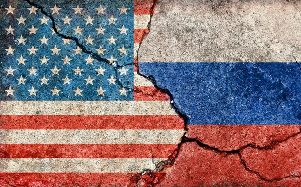 Grunge Country Flag Illustration Sfondo Cemento Incrinato Usa Russia Conflitto — Foto Stock