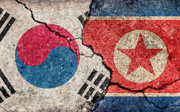 Illustration Der Grunge Flagge Rissiger Betonhintergrund Südkorea Gegen Nordkorea Politischer — Stockfoto