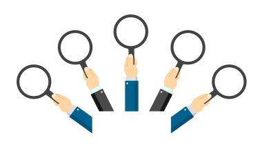 Hand holding magnifying glass vector illustration set / male business person