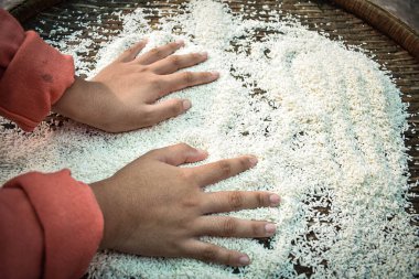 Ellerinde yasemin pilavı tutan Taylandlı kadınları kapatın. Sağlıklı gıdalar.