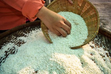 Ellerinde yasemin pilavı tutan Taylandlı kadınları kapatın. Sağlıklı gıdalar.