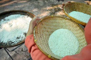 Ellerinde yasemin pilavı tutan Taylandlı kadınları kapatın. Sağlıklı gıdalar.