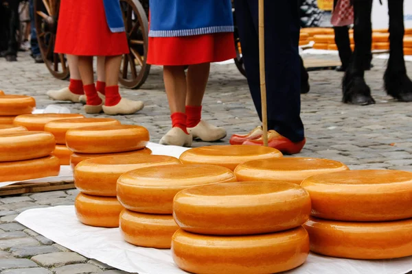 Gouda cheese blocks at town square in Gouda Town, Holland old cheese market.