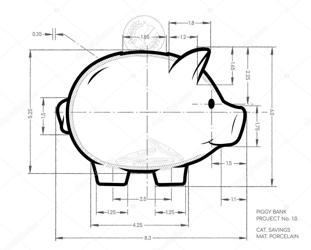 Project - pencil scheme of cute piggy bank. Working sketch of money container in pig  form with dimensions.