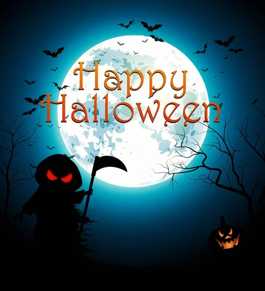 Halloween Pozadí Ponurým Držení Kosy Děsivé Noci — Stockový vektor