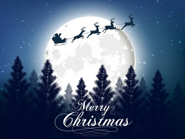Mutlu noel tebrik kartları ve gece ormanı arka planında büyük parlak ay.