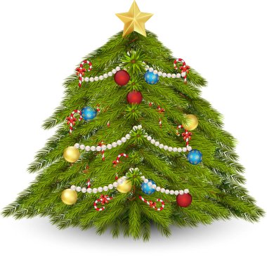 Beyaz arkaplanda dekore edilmiş Noel ağacı