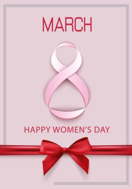 8 Mart Uluslararası Kadınlar Günü için kırmızı kurdeleli tebrik kartı.