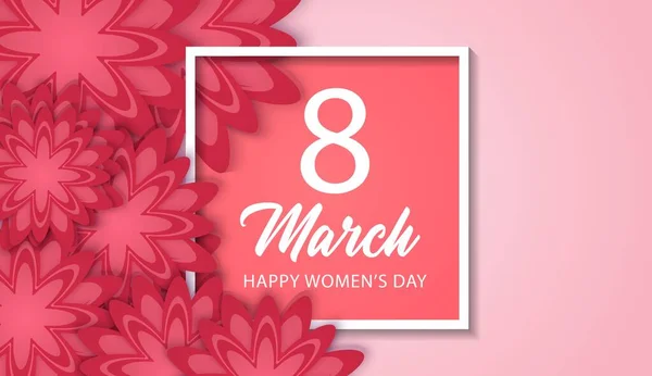 8 Mart Uluslararası Kadın Günü kırmızı kağıt kesimi çiçek ve kare çerçeveli