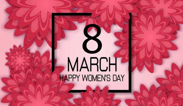 8 Mart Uluslararası Kadın Günü kırmızı kağıt kesimi çiçek ve kare çerçeveli