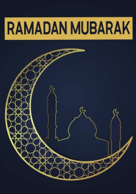 Ramazan Mübarek karşılama kartı. Altın hilal ve çizgi cami kubbesi.