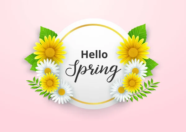 Hallo Frühling Hintergrund Mit Schönen Blumen Und Rundem Rahmen — Stockvektor