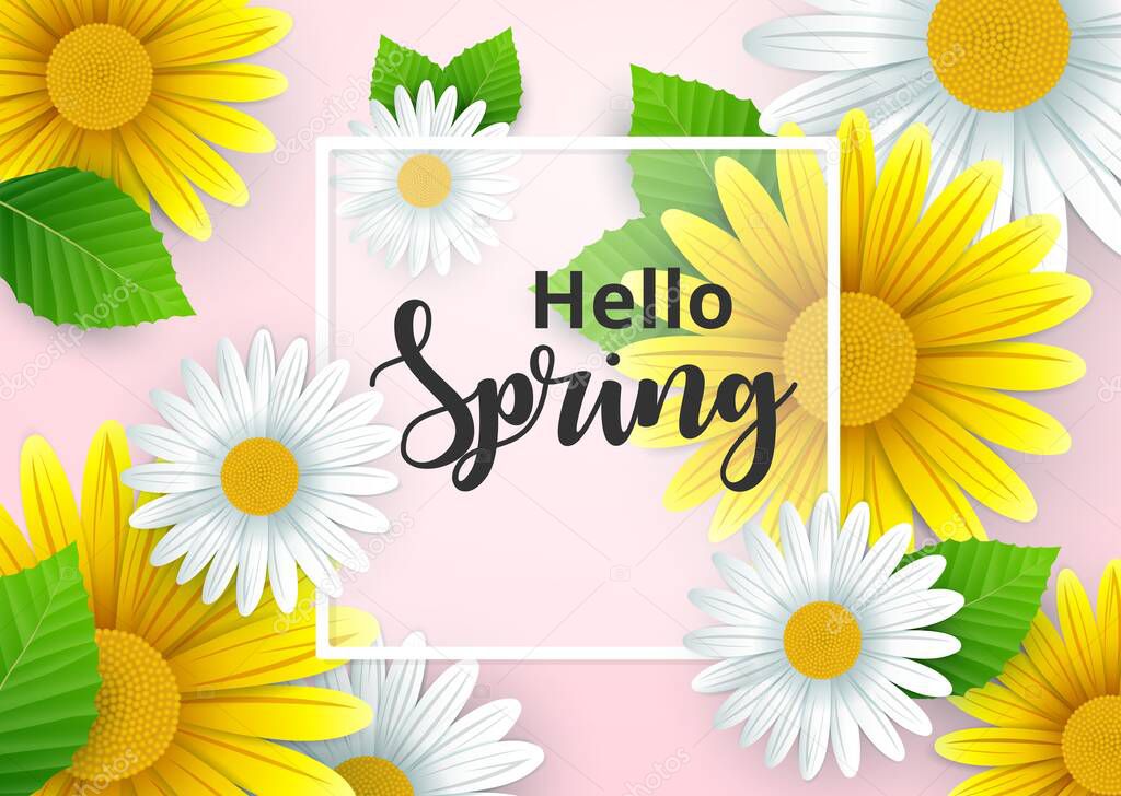 Hello spring background with beautiful flowers