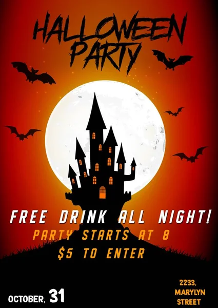 Halloween Party Invitations Dark Castle Full Moon Background — Stock Vector