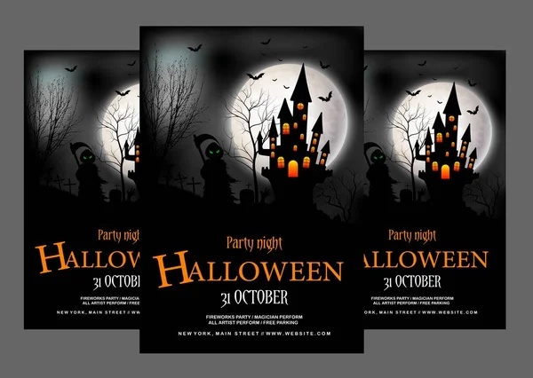 Halloween Party Leták Šablona Ponurým Smrtka Drží Kosu Tajemném Měsíčním — Stockový vektor