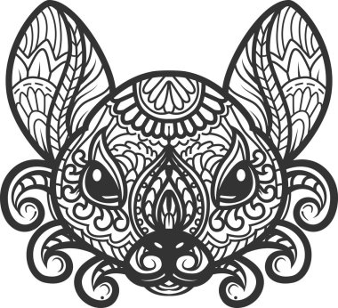 Fare, 2020 yılının sembolüdür. Zentangle şekillendirilmiş karalama vektör hayvan kafası çizimi. Boyama kitabı için dekoratif vektör fare çizimi