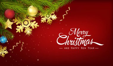 Köknar dalları ve süslemeleri olan Noel arkaplanı