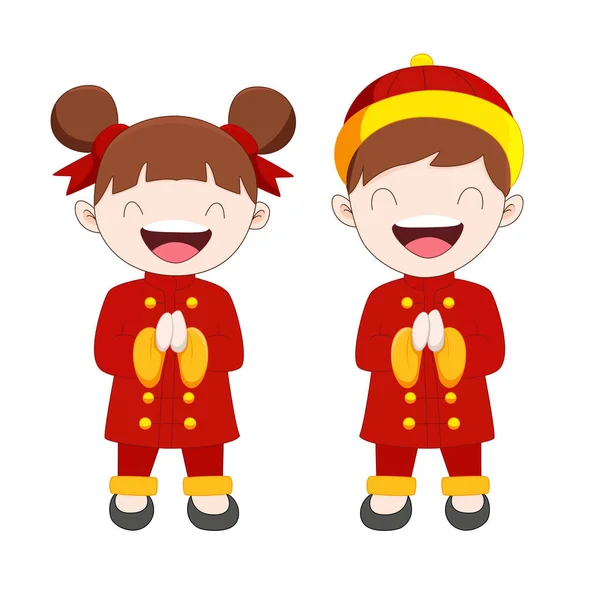 Netter Cartoon Junge Und Mädchen Chinesischem Kostüm — Stockvektor