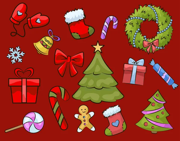 Kırmızı arkaplanda Noel simgeleri ayarlandı