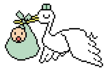 Beyaz arkaplanda leylek piksel sanatı.