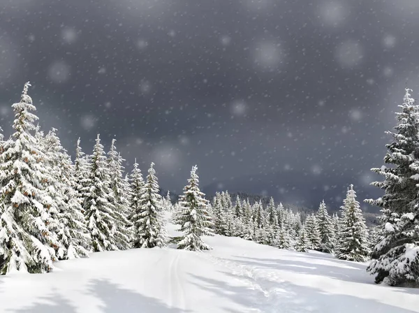 Paisaje Invernal Montañas Con Bosque Abeto Nieve Con Camino Bajo —  Fotos de Stock