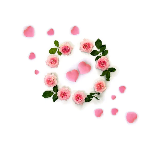 Decorazione San Valentino Bellissimi Fiori Rose Rosa Cuori Rosa Sfondo — Foto Stock