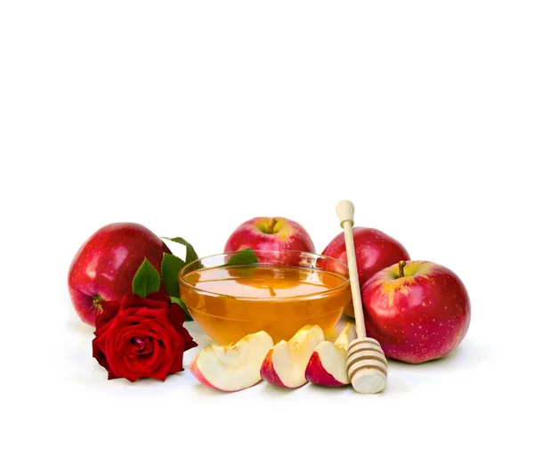 Honey Red Apples Red Rose White Background Space Text — Stok Foto