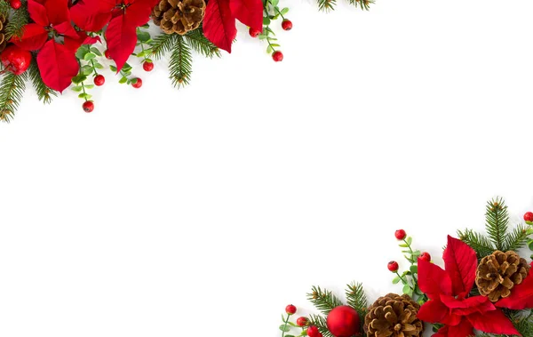 Decoração Natal Quadro Flores Poinsettia Vermelho Árvore Natal Ramo Bola — Fotografia de Stock